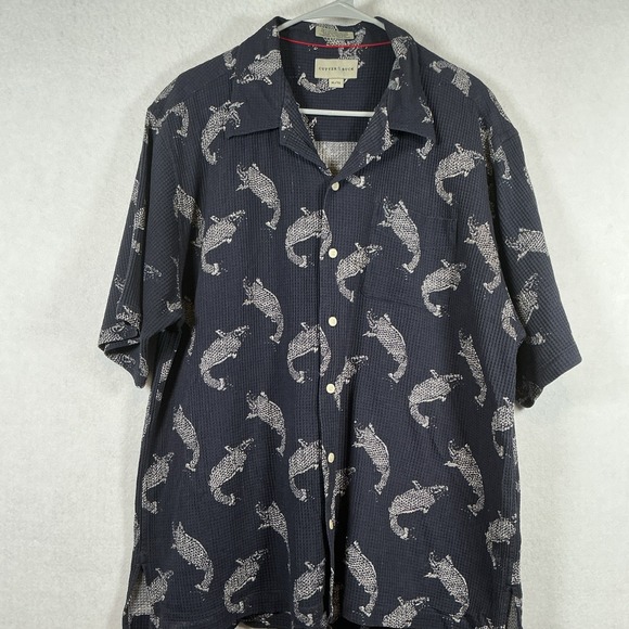 Vintage Cutter and Buck Mens Short Sleeve ButtonUp Navy White Fish Waffle Shirt - Picture 1 of 8